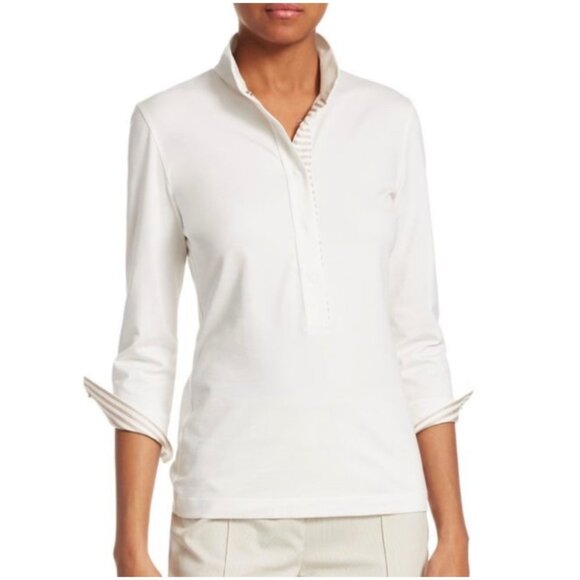 Akris Punto Snap Front Popover 3/4 Sleeve Polo Shirt Blouse Stripes Top White 10 - Picture 1 of 8